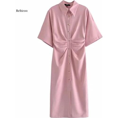 Women Chic Fashion Button-Up Draped Midi Shirt Dress Vintage Short Sleeve Side Zipper Female Dresses Vestidos