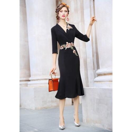 ZUOMAN Women Elegant Embroidery Dress Festa High Quality Long Vintage Party Robe Femme Floral Designer Black Trumpet Vestidos