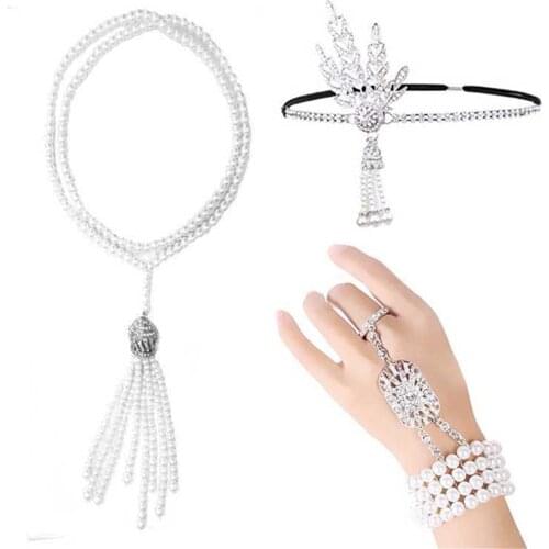 1920s Accessories Flapper Costume Dress Up 3 in 1 Great Gatsby Headband Flapper Necklace Bracelet Ring Set Roaring Accessories
