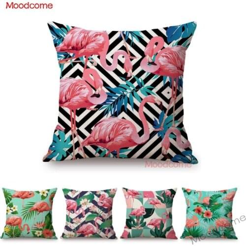 Lovely Colorful Flamingo Birds Pattern Summer Decoration Pillow Case Green Yellow Pink Tropical Leaves Cotton Linen Cushion Case
