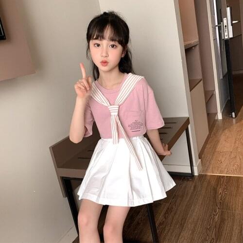 Summer Girls Sets Childrens Clothes Suit Teenager Girl Pink Striped T-Shirt Tops + Pleated Skirts 2 Pcs Set Outfits 4-14Y