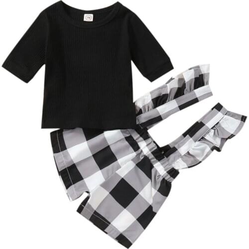 Fashion Toddler Baby Girls Black Half Sleeve T-shirt Top Plaid Ruffle Suspender Shorts Cotton Casual Outfit Clothes Set