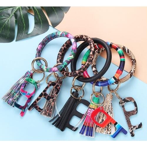 Fashion New Door Opener Keychain PU Leather Non-contact Bracelet Leopard Pattern Tassel Bracelet Keychains Acrylic Door Opener