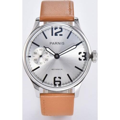 New PARNIS 44mm Hand-winding Mens Wristwatch silver dial ST3600 movement small second leather strap polished case pin clasp
