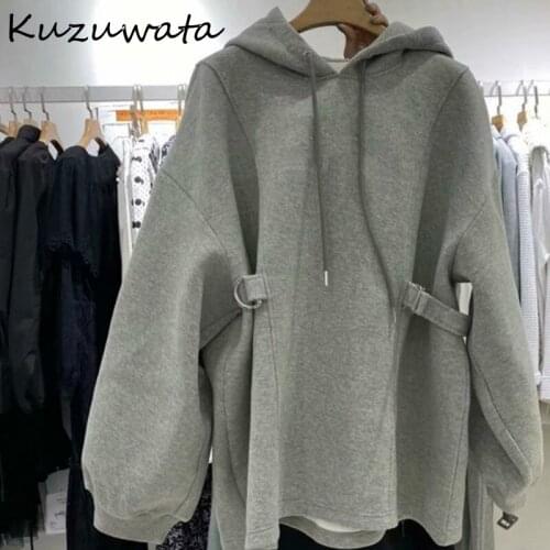 Kuzuwata New Simple Drawstring Hooded Solid Swatshirts 2021 Autumn Winter Thick Warm Hoody Loose Slim Waist Women Hoodies