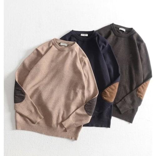 Obrix O-Neck Male Pullover Regular Fit Long Sleeve Solid Color Elbow Patch Fashionable Sweater For Men