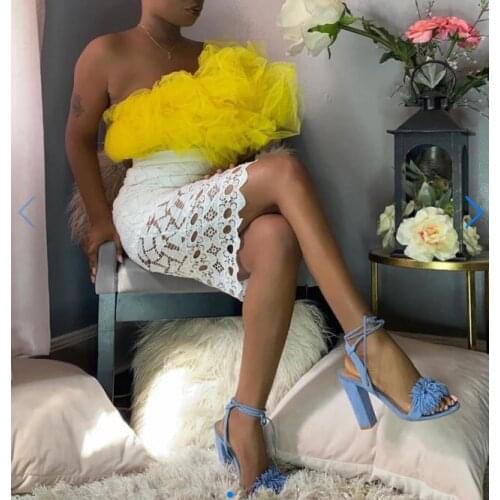 Trendy Yellow Summer Women Blouse Cropped Top Sheer Casual Shirts Puffy Tulle Ruffle Short Blouse Formal Party Tops Custom Made