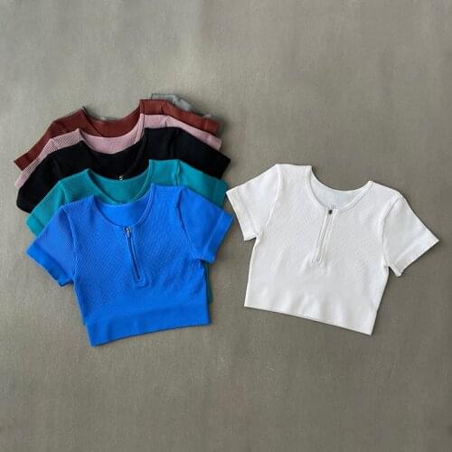 Woman Sports Top With Zipper Yoga Crop Top Ribbed Short Sleeve Top For Fitness Workout T-shirt Tops Gym Clothing Sportswear