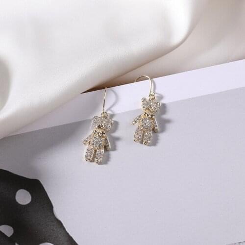 Minar Temperament Full Bling Bling Rhinestone Cartoon Bear Hanging Dangle Earrings for Women Girls Cute Accessories Gifts