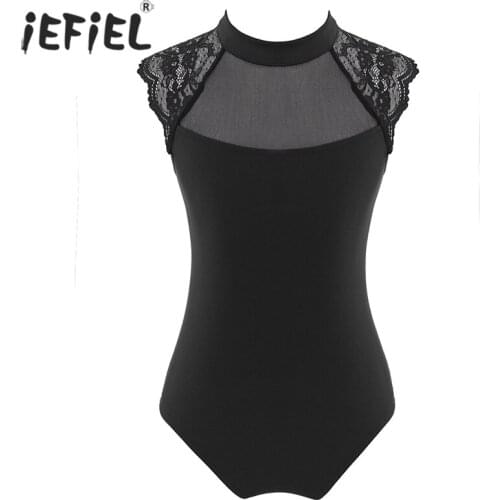 4-14 Years Girls Sleeveless Stand Collar Open Back Lace Mesh Patchwork Gymnastics Leotard One-Piece Child Kids Ballet Dance Wear