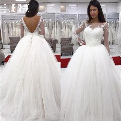 E JUE SHUNG Modern Backless Ball Gown Wedding Dresses Sheer Scoop Neck Illusion Long Sleeves Bridal Gowns Vestido De Noiva