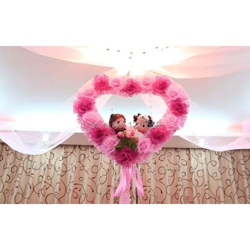 Roseo Double Love Heart Double Bear Wedding Decorative Flower Garland Ball+20 meters Organza+5 Pieces Pothooks