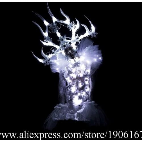 Led Light Up Antlers Headwear DS Dance Team Led Luminous Clothes Christmas White Stage Performance Ballroom Costumes