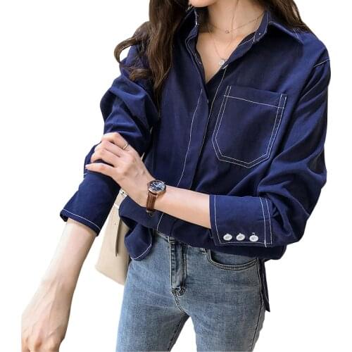 Streetwear Blouse Women Female Spring Summer One Pocket Bottoming Loose Shirt Long Sleeve Casual Turn-down Collar OL Style Shirt