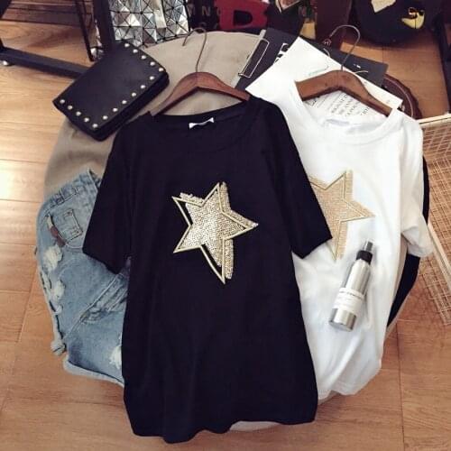 Cotton 100% Sequined Women T-Shirts Summer New 2021 O-Neck Loose Short-Sleeved Casual All Match Female Pulls Tops Tees