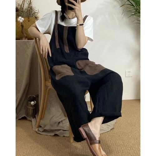 Retro Women Jumpsuits 2021 Summer Loose Casual Large size Rompers Ladies Vintage Panelled pocket Jumpsuits
