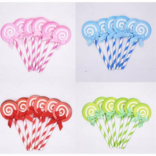 6pcs Cupcake Cake Topper Lovely Lollipop With Straw Inserted Card Flag Decoration For Wedding Birthday Party Mix Color