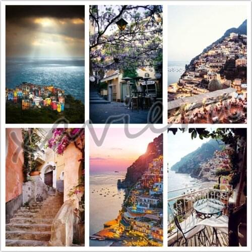 DIY 5D Diamond Painting Town Seascape Full Diamond Embroidery Landscape Handmade Cross Stitch Kit Mosaic Picture Home Decoration