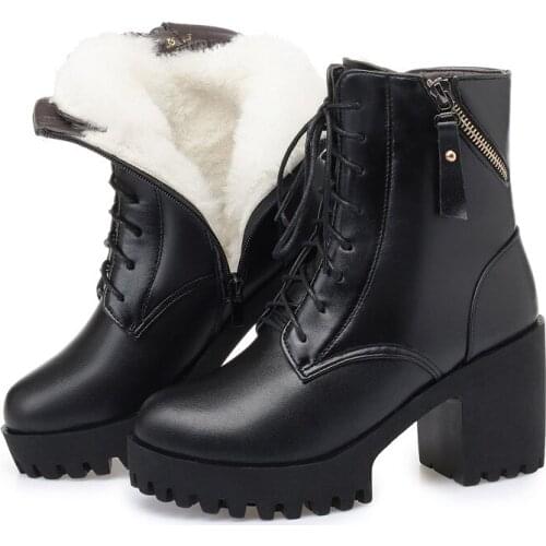 AQ472 winter leather wool nude boots high-heel lace-up womens nude boots non-slip and warm womens boots Botas Mujer