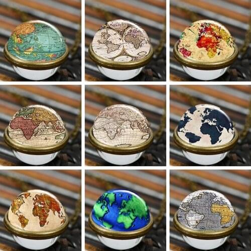 SIAN Vintage Globe Map Double Sided Necklace Earth World Map Glass Dome Handmade Pendant Charm Chain Travel Gift Planet Jewelry