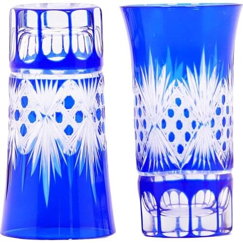 Bohemian Czech Handmade High Quality Hand Cut To Clear Blue Crystal Drinkware Whiskey Wine Glass 2 Pieces