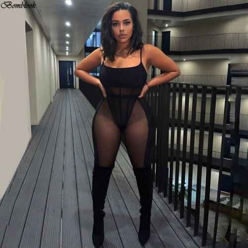 Bomblook Spring Solid Color Sleeveless midriff costum two piece set women,Sexy See-through Gauze Patchwork Bodysuit Party night