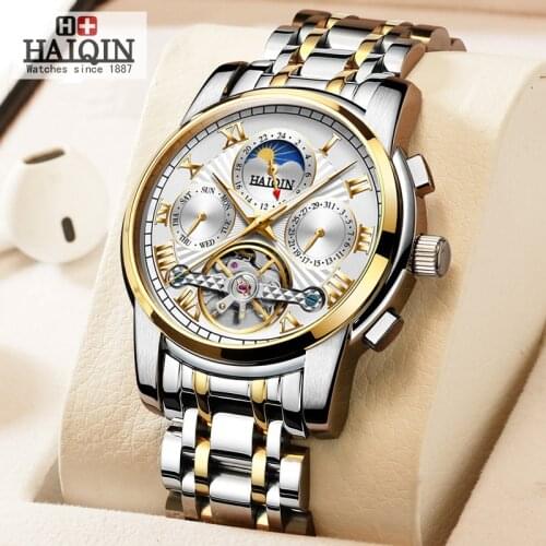 HAIQIN Gold Mechanical mens watches Top Brand Luxury watches for men automatic military waterproof Tourbillon Relogio Masculino