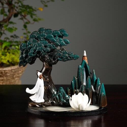 [HHT] Ceramic Crafts Smoke Backflow Zen Incense Burner Creative High Mountain Flowing Water Feng Shui Home Decoration