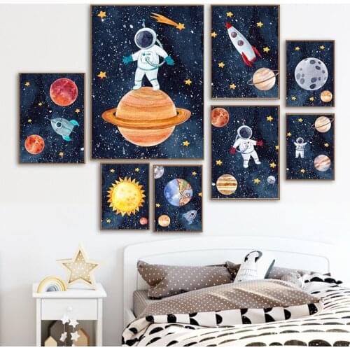 Space Planet Rocket Astronaut Star Sun Moon Wall Art Canvas Painting Nordic Poster And Prints Wall Pictures Baby Kids Room Decor