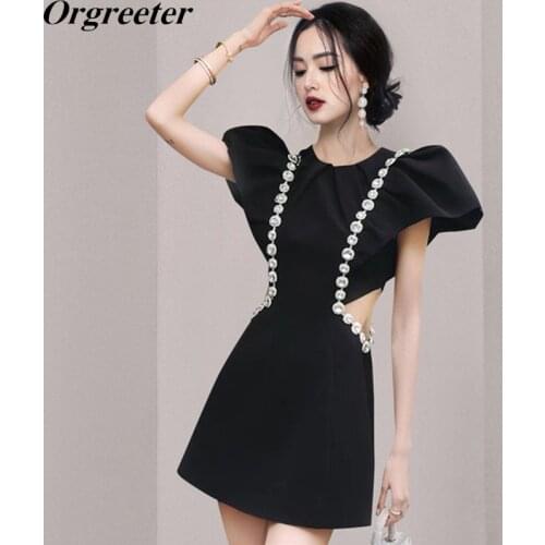 Fashion Prom Style Black Mini Dress Hollow out waist Diamonds Chain Puff sleeve A-line Party Short Dress Women Clothing
