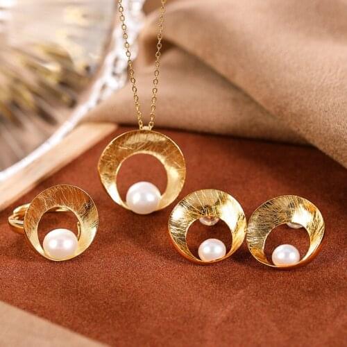 S925 sterling silver gold-plated natural pearl personality simple European and American style womens rings pendants earings set