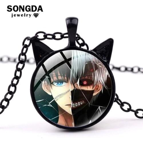 SONGDA Tokyo Ghoul Anime Necklace Cartoon Patterns Round Glass Cabochon Cat Ears Necklaces Pendant Handicraft Jewelry Fans Gifts