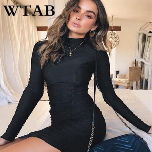 WTAB vestidos 2018 turtleneck autumn and winter dress plicated warm sexy bodycon women dress long sleeve female black dresses