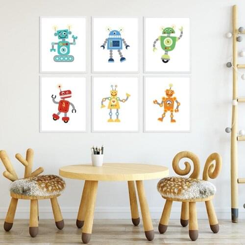 Robot Watercolor Cartoon Posters and Prints Nursery Wall Art Canvas Painting Pictures Boys Gift Baby Boy Room Wall Decoration