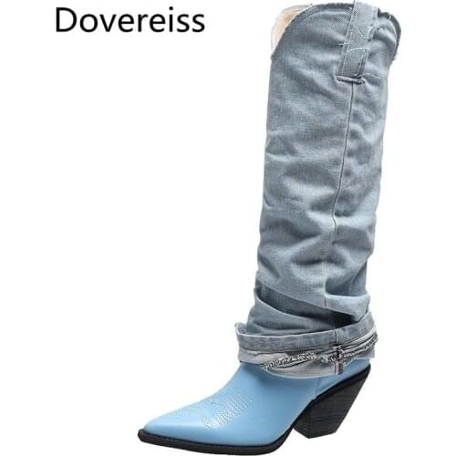Dovereiss Fashion Womens Shoes Winter Jeans boots Pointed Toe Sexy Elegant Slip on Pure color Concise Mature Knee high boots 40