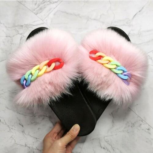 2021 Winter Female Fluffy Fox Fur Slides Cute Rainbow Fur Flip Flops Fashion Womens Furry Slippers Outdoor Warm Plush Sandals