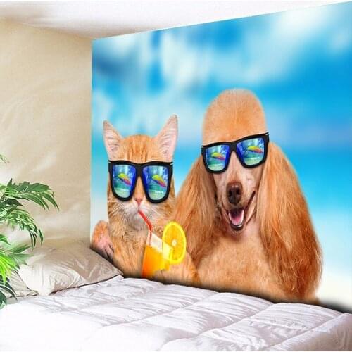 Funny Animals Tapestry Wall Hanging 3D Wall Tapestry Psychedelic Cats Dogs Juice Two Poodle Glasses Hippie Tapestries Boho Decor