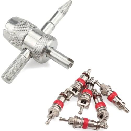 Universal Car Valve Disassembly Removal Tool 4-in-1Valve Tool+6 Brass Valve Cores Fit For All Vehicle Car Truck Motorcycle