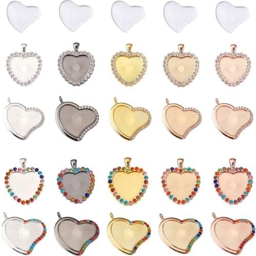 20sets Heart Rhinestone Bezel Pendant Trays Cabochon Setting Blank Charms with Clear Glass for Necklace Photo Jewelry Making