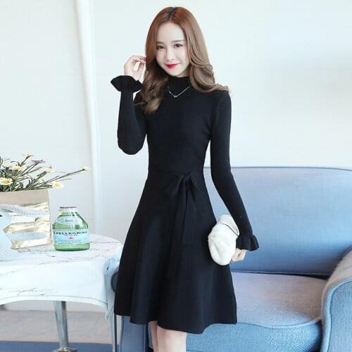 2021 Plus Size A-line Dress Black Grey Full Sleeve Stand Knee-length Kawaii Elegant Knitting Dress Red Casual Dresses Vestidos