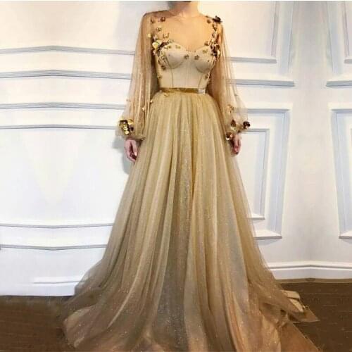 Eightale Gold Prom Dresses O-Neck Appliques with Flowers Tulle Long Sleeves Shiny Party Dresses Graduation Evening Gowns