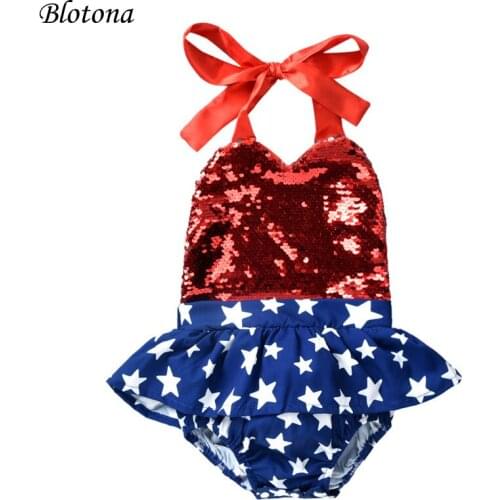 Blotona Infant Girl Sleeveless Sequins Romper, Baby Star Print Halter Backless Bodysuit Independence Day Clothing 0-12Months