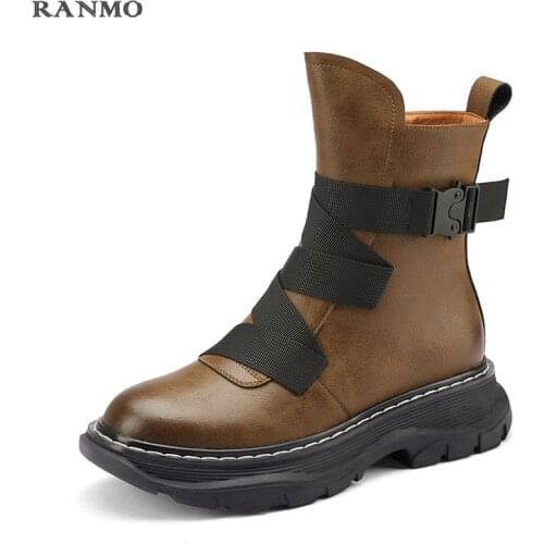 New British Retro Round Toe Boots Womens Boots Casual Shoes Platform Short Boots Real Cowhide Boots Luxury Shoes Platform Shoes