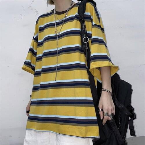 Summer Fashion Casual Striped Unisex T-shirt Harajuku Style Cool Teen Oversized Clothes Hiphop All-match High Quality Streetwear