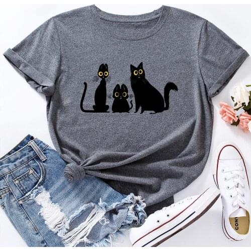 Summer Top Women T-shirt Cute Black Cat Print TShirt Women 100% Cotton Graphic T Shirts O Neck Short Sleeve Tees