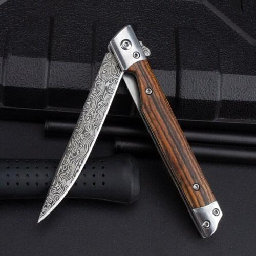 New Sandalwood Handle Magic Pen Folding Knife Damascus Pocket Knife Stainless Steel Fruit Knife Camping Outdoor Folding Knife