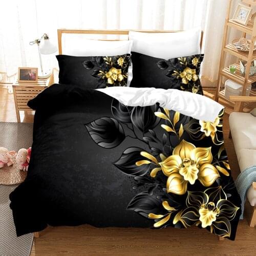 Black Gold Flower Bedding Set Modern Fashion 3D Print Comforter Luxury Queen King Single Size Duvet Cover Set Home Textile Decor