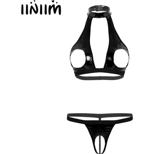 Iiniim Womens Lingerie Set Wetlook Femme Open Cup Bra Open Bra Top with Crotchless Briefs T-Back Sexy Baby Doll Underwear