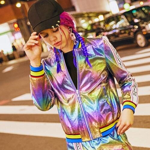 Female Spring Autumn New Jacket Ladies Casual Stand Collar Long Sleeve Outerwear Fashion Bright Surface Laser Loose Coat Z402