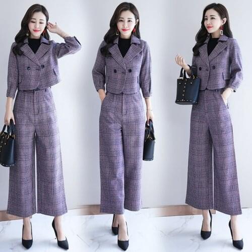 Fashion Spring Autumn elegant womens sets Korean plus size plaid suit jacket and wide leg pants 2 piece sets womens Pants suit
